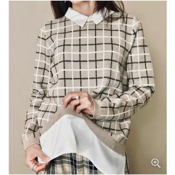 Tahari Beige Plaid Sweater With Layered Collared Undershirt Academia Preppy XS - Picture 10 of 10